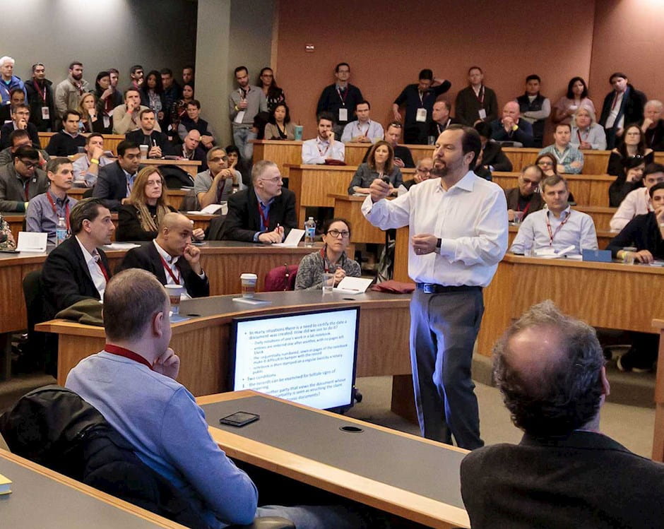 A discussion in a tiered classroom at Chicago Booth School of Business