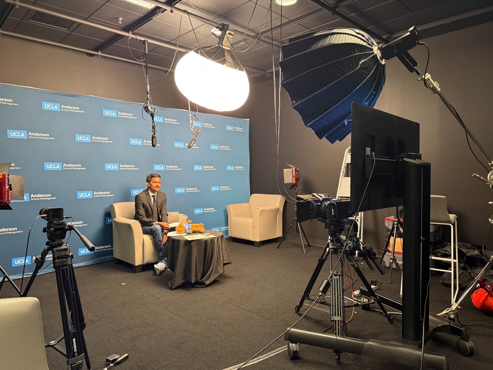 The UCLA Anderson studio prepared for a remote conversation